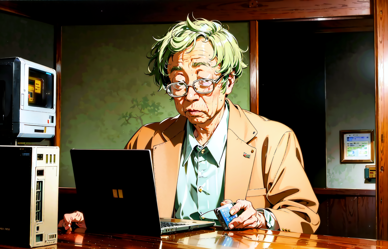 19404-2387197899-satoshi Realistic photo of  a old man named satoshi with glasses  and an old broken computer in a house in rural China, holding.png